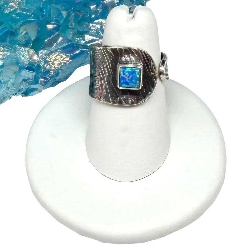 Blue Fire Opal Ring Adjustable 7 7.5 Solid 925 Sterling Silver Wide Band